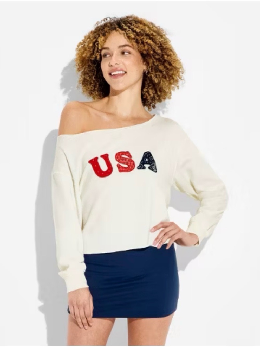 Women’s Off The Shoulder Long Sleeve Pullover Sweatshirt- Cream M - Picture 3 of 8